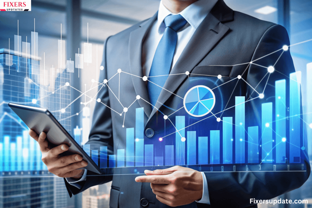 Businessman analyzing financial analysis statement on a tablet, displaying graphs and charts for strategic business decision-making.