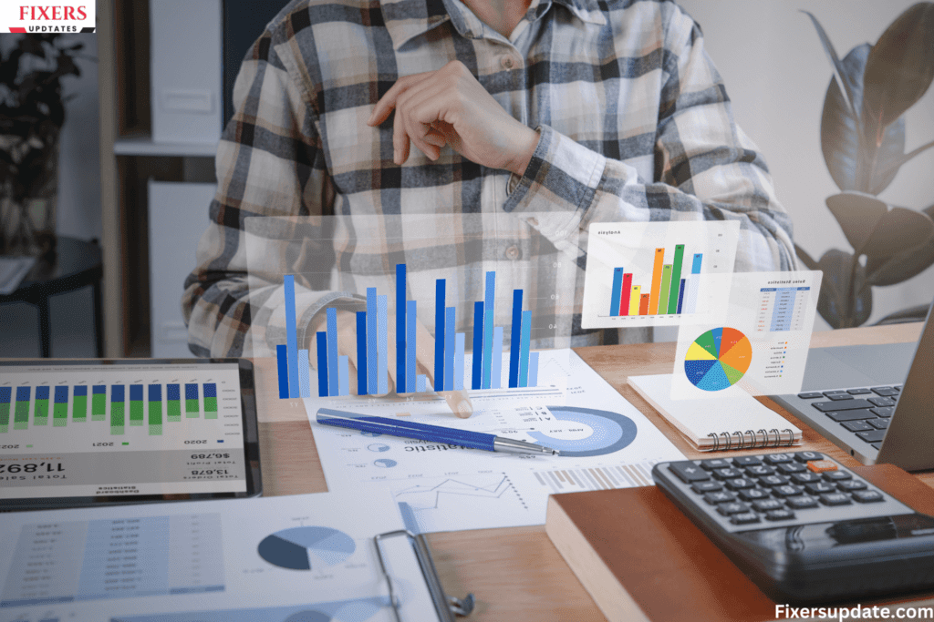 Businessman analyzing financial analysis statement on a tablet, featuring graphs and charts for strategic financial decision-making.