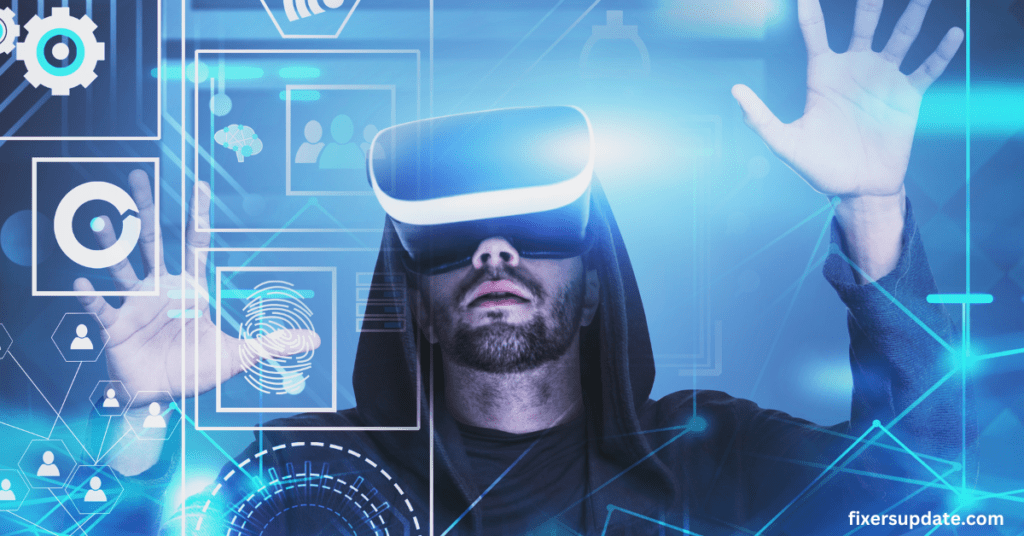 A man immersed in a virtual reality experience, wearing a sleek VR headset, showcasing modern technology in action with insights from a cybersecurity analyst