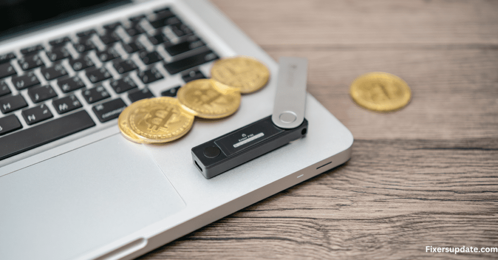 A laptop with a stack of gold coins placed on top, symbolizing wealth, financial success, and the role of N.T. Wallets in the digital age.